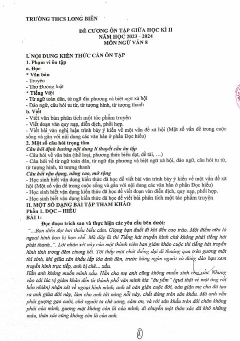 Đề cương ôn tập Giữa kì 2 Ngữ văn 8 năm 2023–2024 trường THCS Long Biên (Hà Nội)
